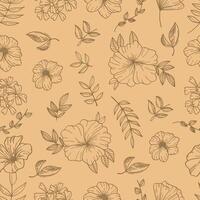 Seamless pattern botanical hand drawn line art on brown background. illustration vector
