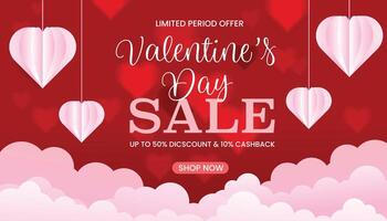 Valentine's day sale background With Paper cut Love and clouds isolated on red background banner. vector