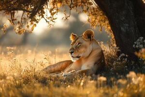 Lioness resting under a tree at sunset in the african savanna photo