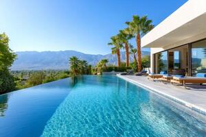 Luxurious infinity pool overlooking Palm Springs and mountains photo