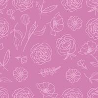 Seamless Botanical Floral Pattern Hand Drawn Line Art Isolated On Pink Background. Illustration. vector