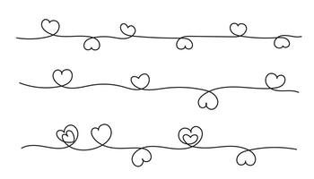 Set of continuous line heart border on white background for valentines day. illustration. vector