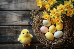 Cute yellow chick standing near easter nest with colorful eggs and daffodils on rustic wooden background photo