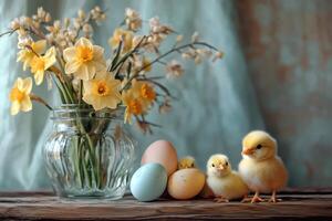 Charming Spring Scene with Chicks and Daffodils photo
