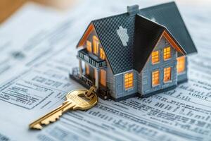 Illuminated model house standing on mortgage documents with golden key photo