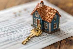 Miniature house with key resting on mortgage contract photo