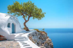 Traditional greek architecture blending with the stunning seascape on a sunny day photo