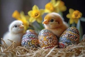 Cute baby chicks resting on colorful easter eggs with daffodils in background photo