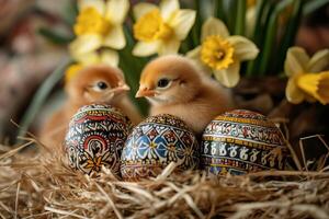 Two baby chicks are sitting in nest with easter eggs and daffodils in background photo