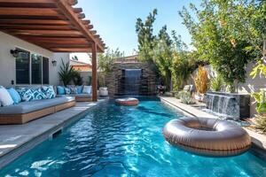 Inviting swimming pool with waterfalls and pergola in backyard photo