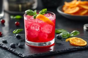 Refreshing red cocktail with ice, orange peel and basil leaves on slate photo