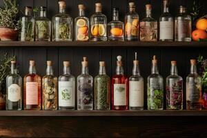 Colorful bottles with cork and various herbs and fruits macerating on a wooden shelf photo