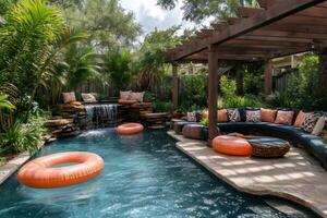 Luxurious backyard with swimming pool, waterfall and pergola photo