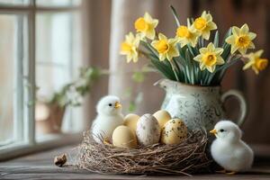 Easter chicks and eggs in nest with daffodils in rustic window photo