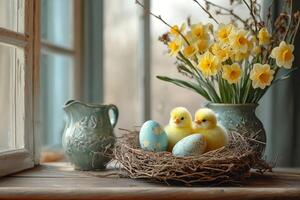 Easter chicks and eggs in nest with daffodils bouquet on window sill photo