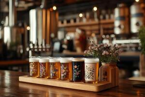 Beer flight resting on wooden tray in brewery photo