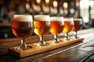 Bartender serving beer flight in brewery pub photo