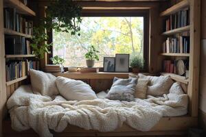 Cozy reading nook overlooking autumn trees with books and plants creating a peaceful atmosphere photo