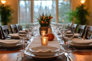 Elegant Thanksgiving table setting awaiting guests with lit candles and autumn centerpiece photo