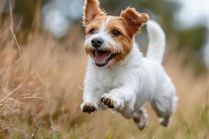 Jack russell terrier running happily in nature with ears flapping in the wind photo