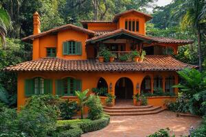 Luxurious orange hacienda style home surrounded by lush greenery. photo
