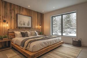 Modern rustic bedroom interior design with snowy forest view. photo