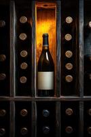 Wine bottle standing on wooden table in cellar with wine rack in background photo