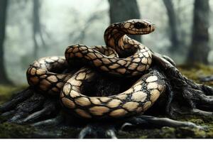 Coiled snake resting on roots in a mysterious forest photo