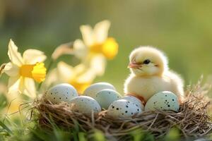 Little chick sitting in nest with easter eggs and daffodils in spring photo