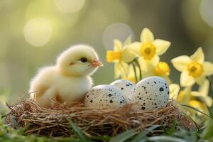 Little chick sitting in nest with quail eggs and daffodils in spring photo