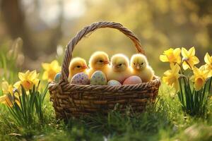 Four cute chicks sitting in basket with easter eggs and daffodils in spring meadow photo