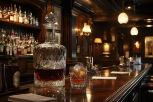 Crystal decanter and glass of whisky sitting on a bar in a luxurious pub photo