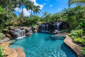 Luxurious tropical swimming pool with cascading waterfalls in Hawaii photo