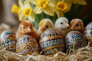 Baby chicks exploring colorful easter eggs in a nest with daffodils in the background photo