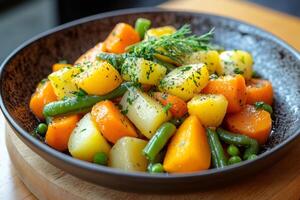Steamed vegetables with dill and parsley creating a healthy and colorful vegetarian meal photo
