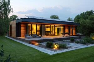Modern Eco-Friendly Home with Solar Panels at Dusk photo