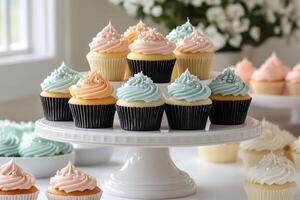 Delicious cupcakes with pastel colored frosting showing on cake stand photo