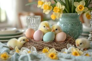 Baby chickens exploring colorful easter eggs in a nest with daffodils on a festive table photo