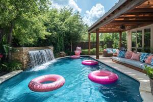 Backyard swimming pool with waterfall and pink inflatable rings floating on water surface photo