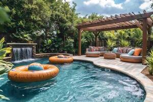 Luxurious backyard swimming pool with waterfall and pergola creating relaxing summer vibes photo