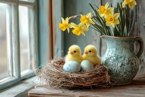 Two cute chicks sitting in nest with easter eggs and daffodils in rustic window photo