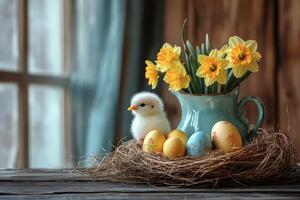 Cute chick sitting in nest with easter eggs and daffodils in rustic window photo