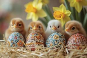 Five cute baby chickens with colorful easter eggs and daffodils in the background photo