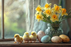 Baby chickens and easter eggs near daffodils in front of window photo