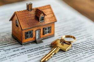 Miniature house with gold key resting on contract photo