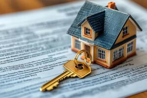 Golden key and miniature house resting on a mortgage contract photo