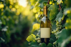 Bottle of white wine resting on grapevine in vineyard at sunset photo