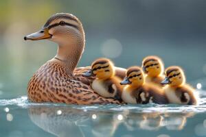 Mother duck swimming with its ducklings on a pond photo