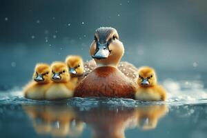 Mother duck swimming with its ducklings on a lake photo