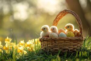Cute chicks sitting in basket with easter eggs surrounded by daffodils in spring photo